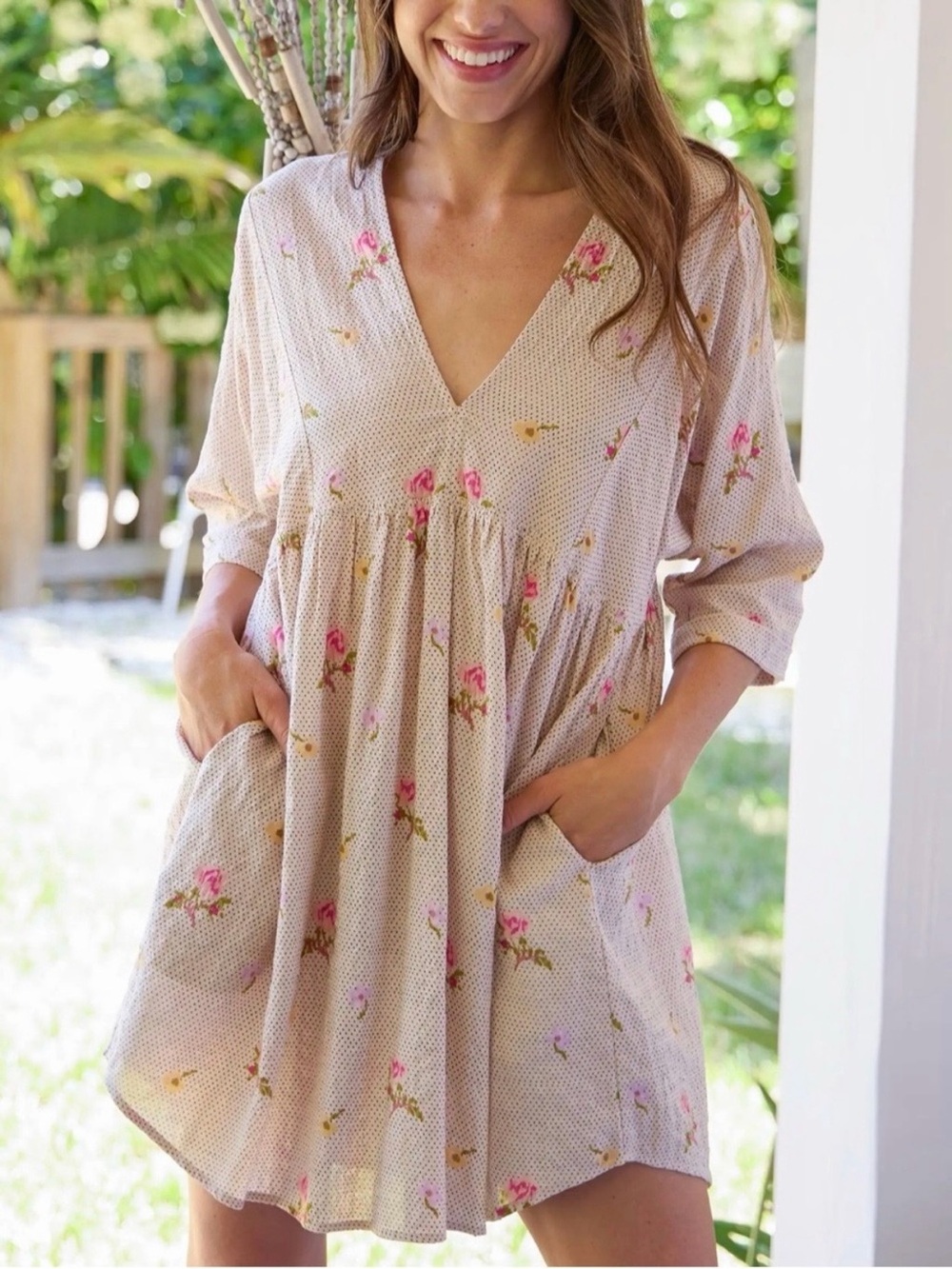 Natural Life Stella V Neck Mini Dress XS NWT Pin Dot Prairie Cream